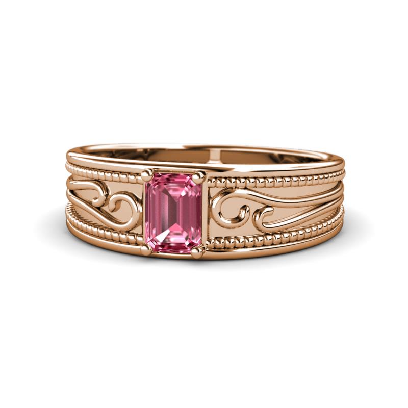 Aileen Bold 7x5 mm Emerald Shape Pink Tourmaline Solitaire Wide Band Promise Ring 