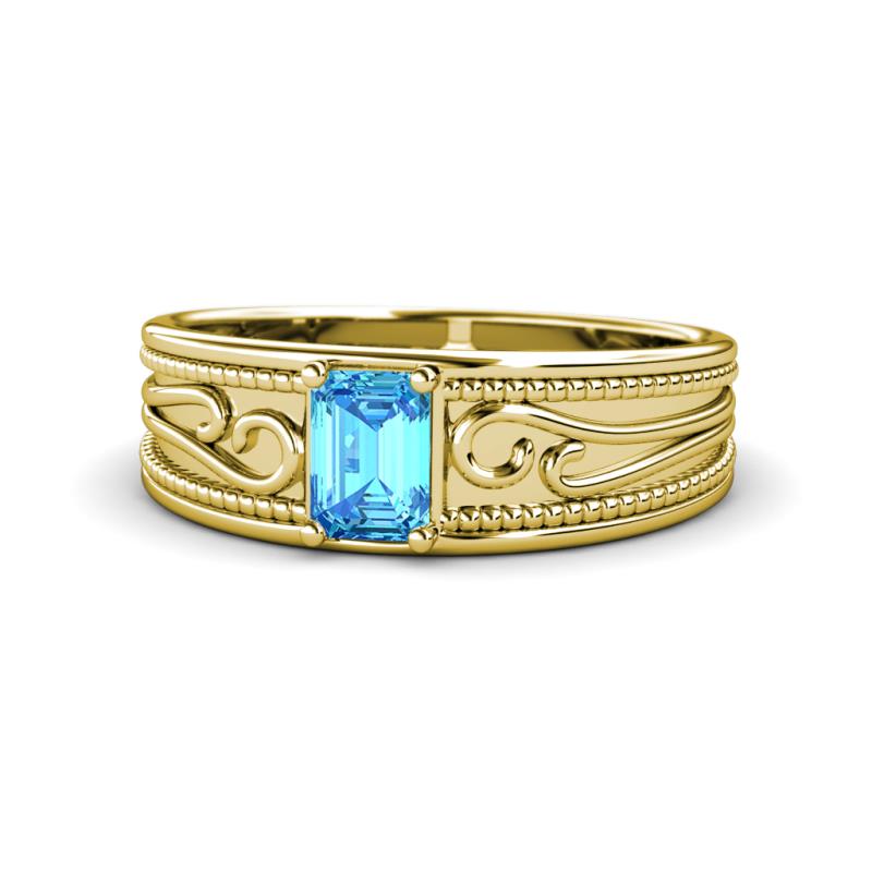 Aileen Bold 7x5 mm Emerald Shape Blue Topaz Solitaire Wide Band Promise Ring 