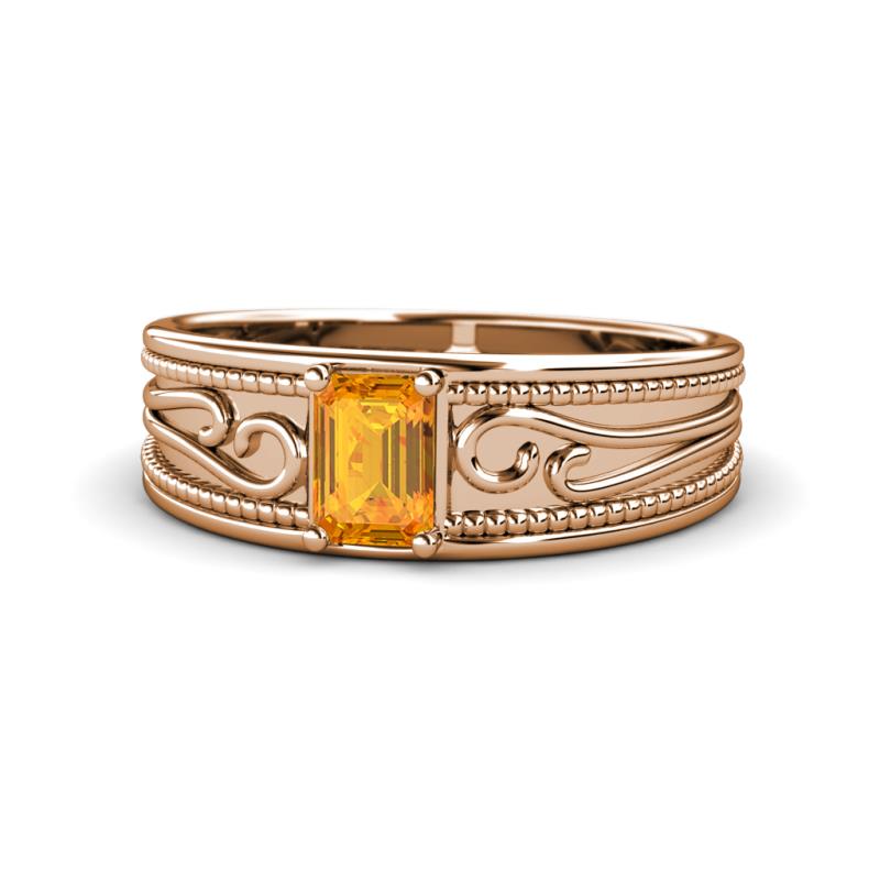 Aileen Bold 7x5 mm Emerald Shape Citrine Solitaire Wide Band Promise Ring 