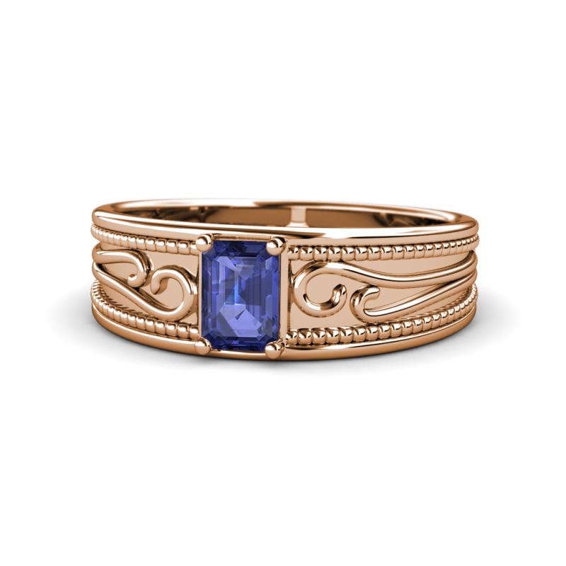 Aileen Bold 7x5 mm Emerald Shape Iolite Solitaire Wide Band Promise Ring 