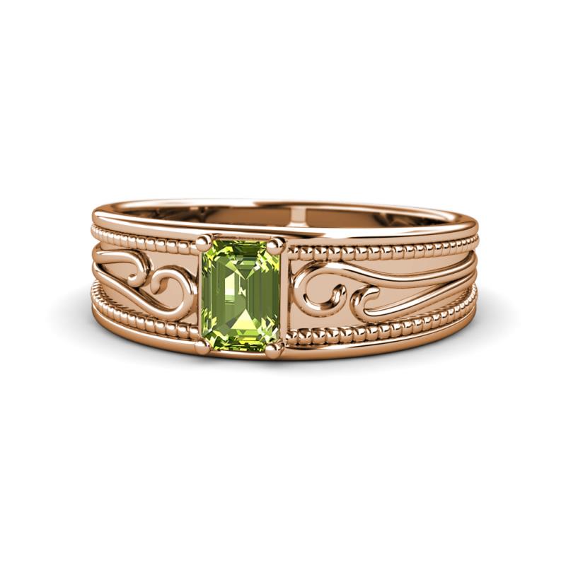 Aileen Bold 7x5 mm Emerald Shape Peridot Solitaire Wide Band Promise Ring 