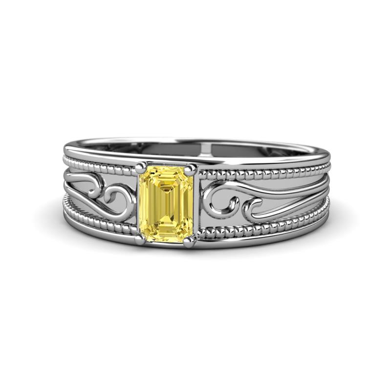 Aileen Bold 7x5 mm Emerald Shape Yellow Sapphire Solitaire Wide Band Promise Ring 