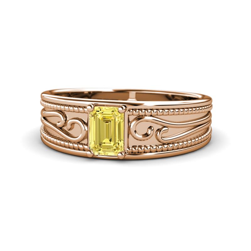 Aileen Bold 7x5 mm Emerald Shape Yellow Sapphire Solitaire Wide Band Promise Ring 