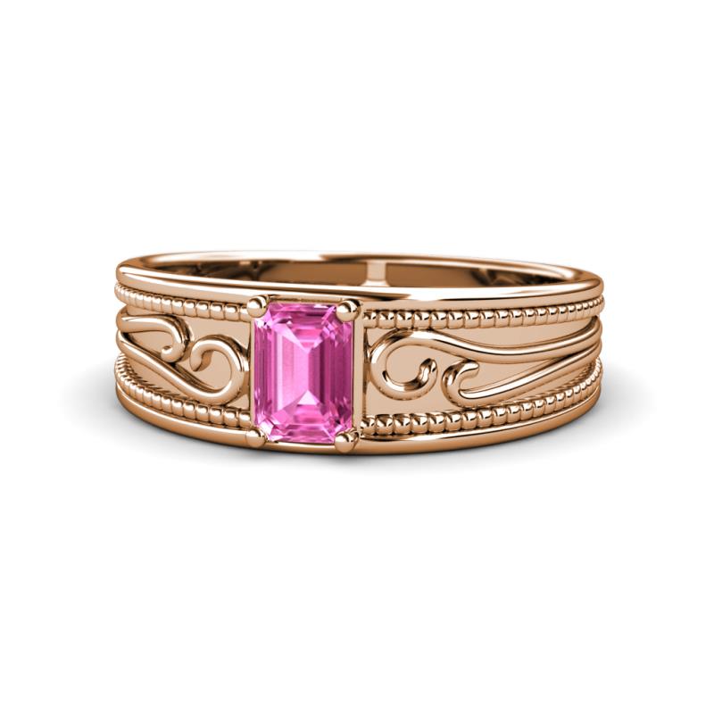 Aileen Bold 7x5 mm Emerald Shape Pink Sapphire Solitaire Wide Band Promise Ring 