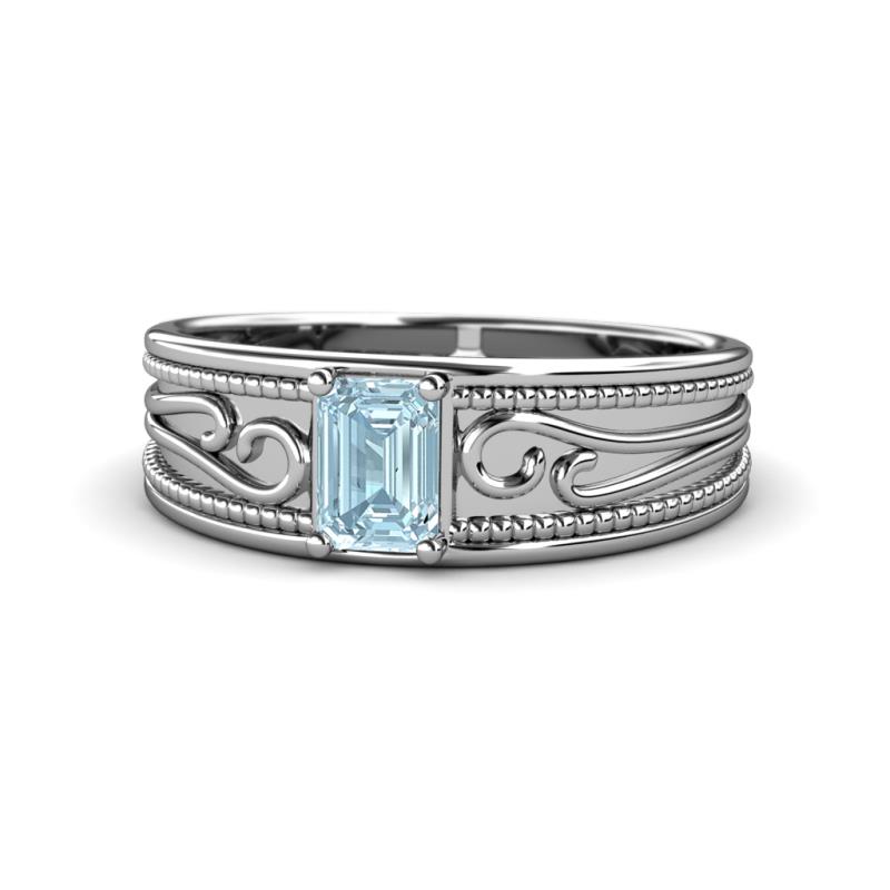 Aileen Bold 7x5 mm Emerald Shape Aquamarine Solitaire Wide Band Promise Ring 