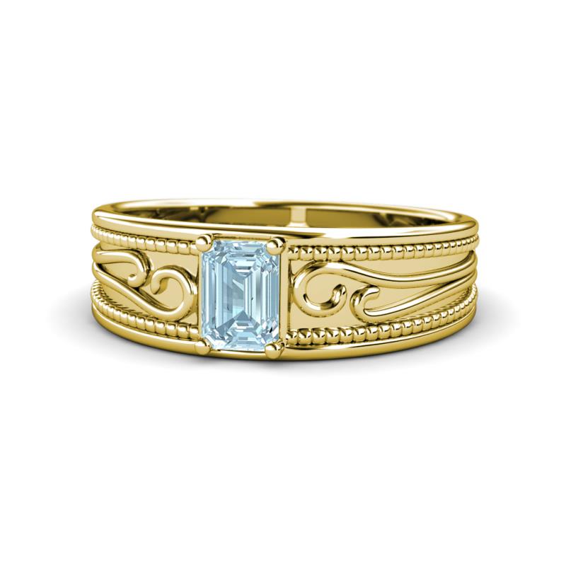 Aileen Bold 7x5 mm Emerald Shape Aquamarine Solitaire Wide Band Promise Ring 