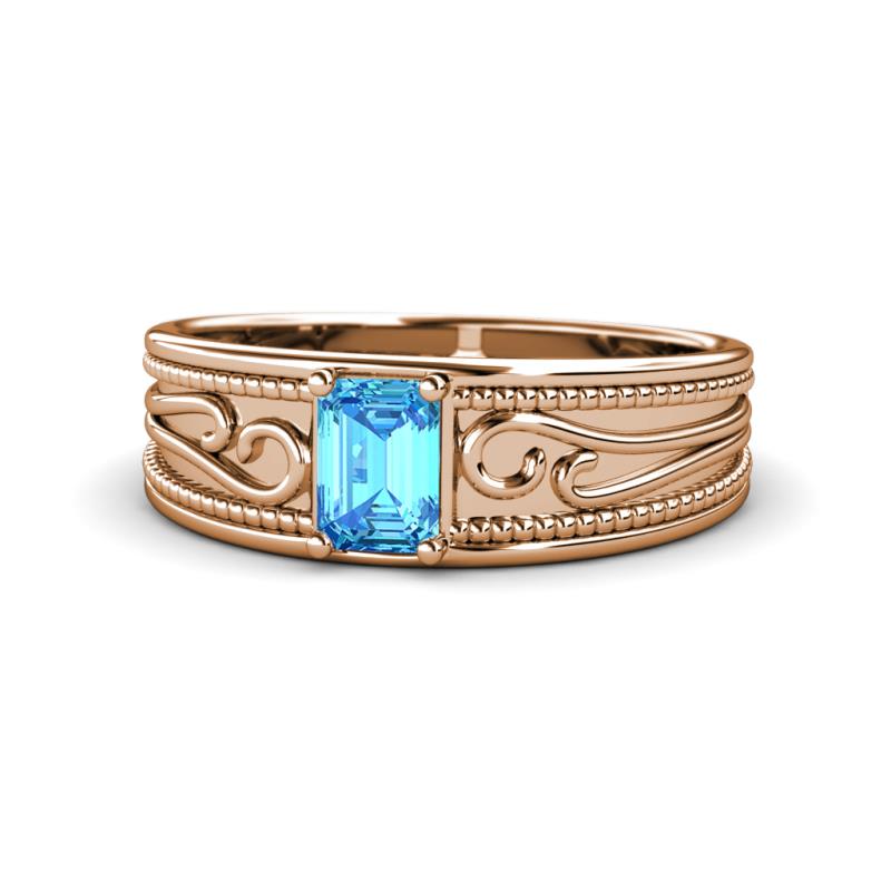 Aileen Bold 7x5 mm Emerald Shape Blue Topaz Solitaire Wide Band Promise Ring 