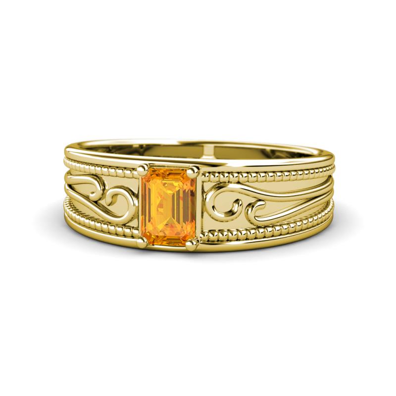 Aileen Bold 7x5 mm Emerald Shape Citrine Solitaire Wide Band Promise Ring 