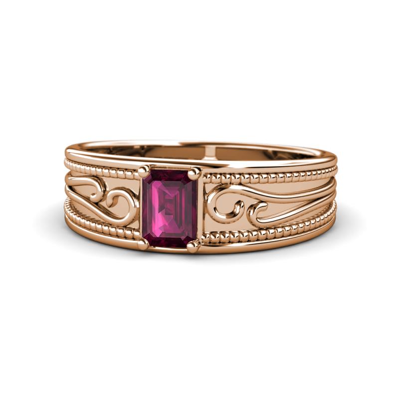 Aileen Bold 7x5 mm Emerald Shape Rhodolite Garnet Solitaire Wide Band Promise Ring 