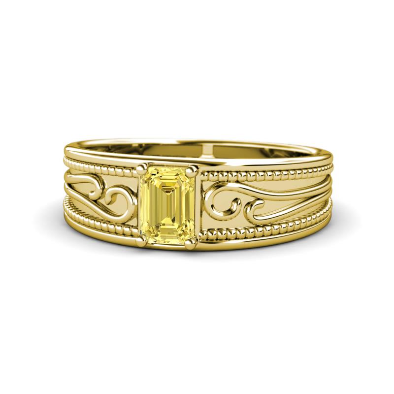 Aileen Bold 7x5 mm Emerald Shape Yellow Sapphire Solitaire Wide Band Promise Ring 