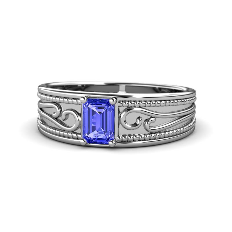 Aileen Bold 7x5 mm Emerald Shape Tanzanite Solitaire Wide Band Promise Ring 