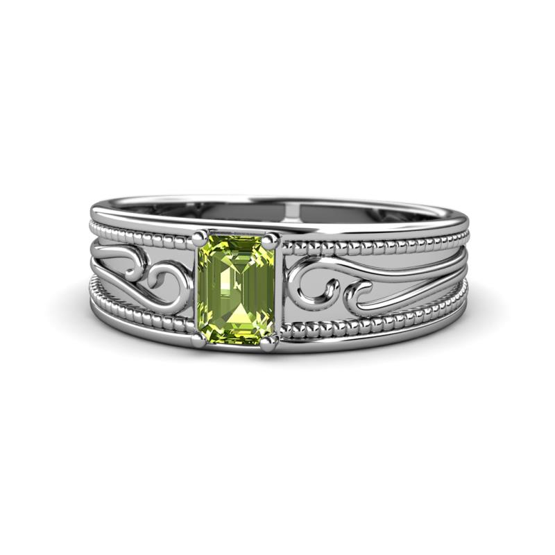 Aileen Bold 7x5 mm Emerald Shape Peridot Solitaire Wide Band Promise Ring 