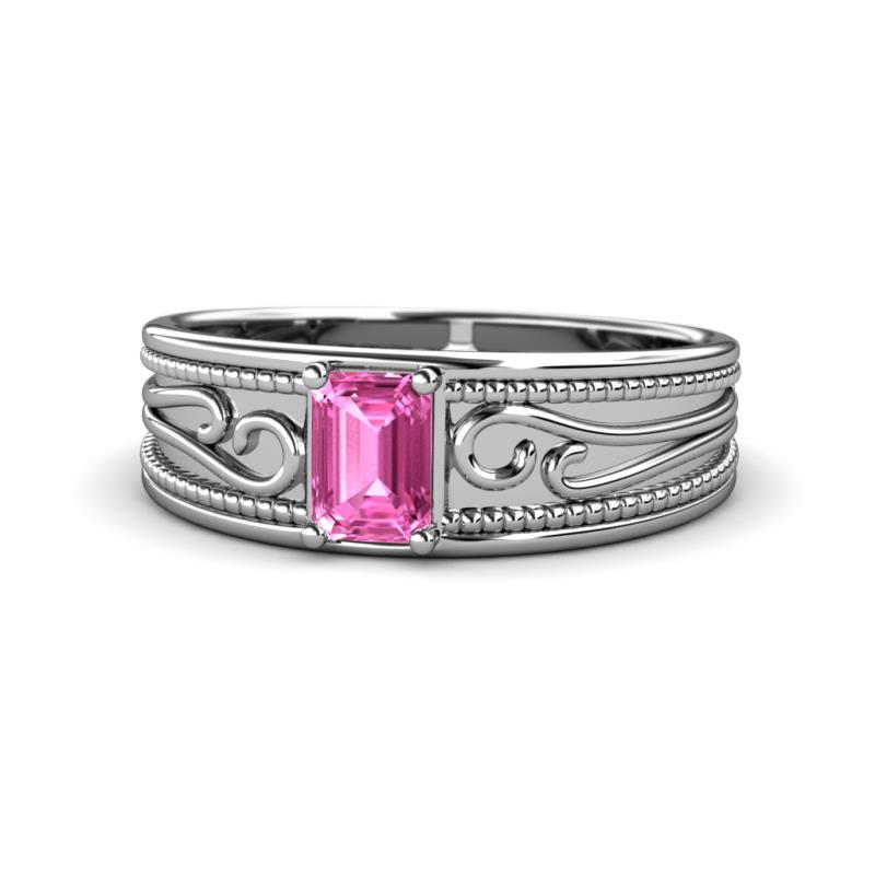 Aileen Bold 7x5 mm Emerald Shape Pink Sapphire Solitaire Wide Band Promise Ring 