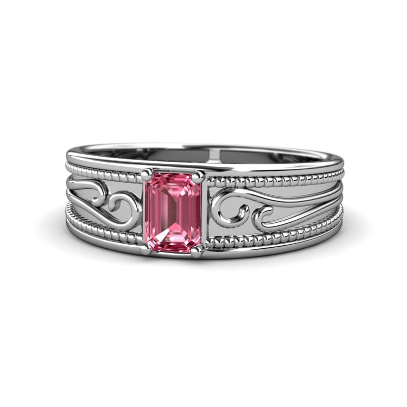 Aileen Bold 7x5 mm Emerald Shape Pink Tourmaline Solitaire Wide Band Promise Ring 