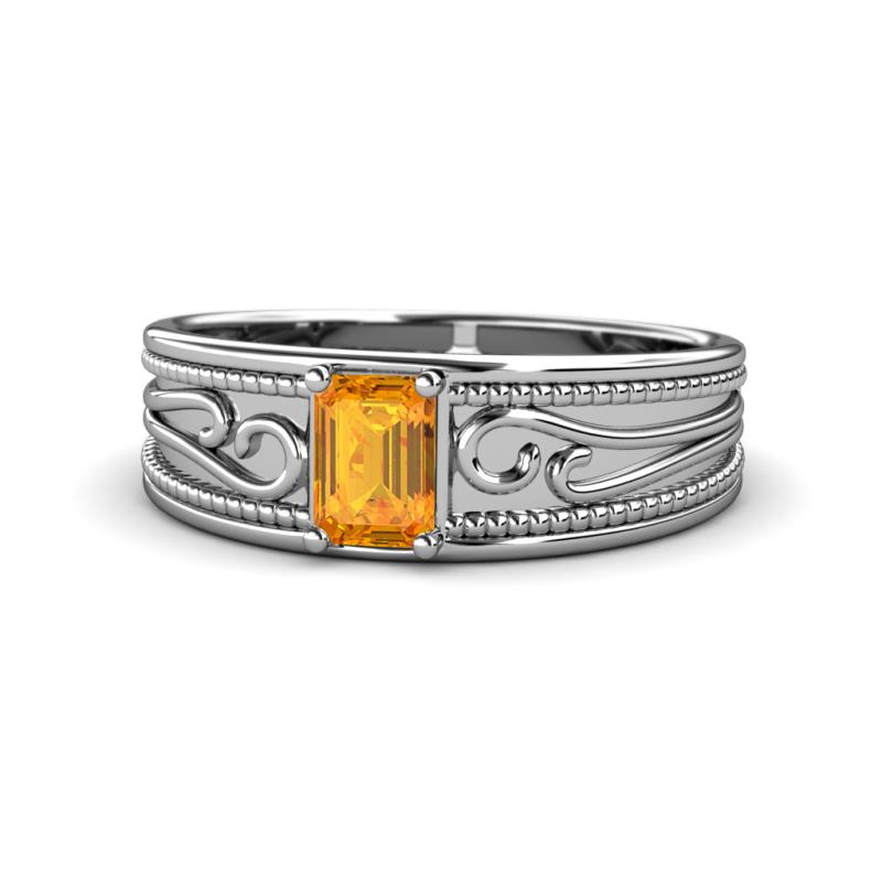 Aileen Bold 7x5 mm Emerald Shape Citrine Solitaire Wide Band Promise Ring 