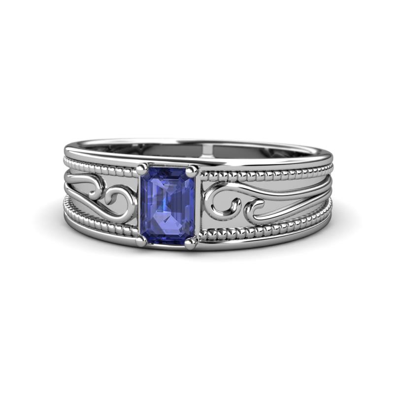 Aileen Bold 7x5 mm Emerald Shape Iolite Solitaire Wide Band Promise Ring 