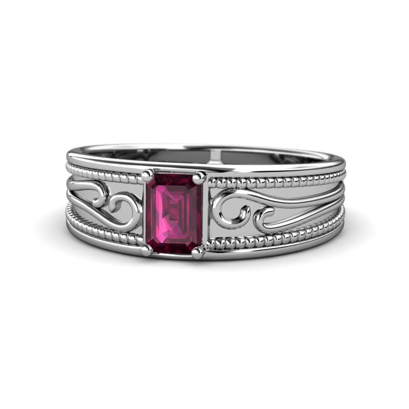 Aileen Bold 7x5 mm Emerald Shape Rhodolite Garnet Solitaire Wide Band Promise Ring 