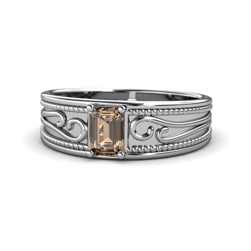 Aileen Bold 7x5 mm Emerald Shape Smoky Quartz Solitaire Wide Band Promise Ring 