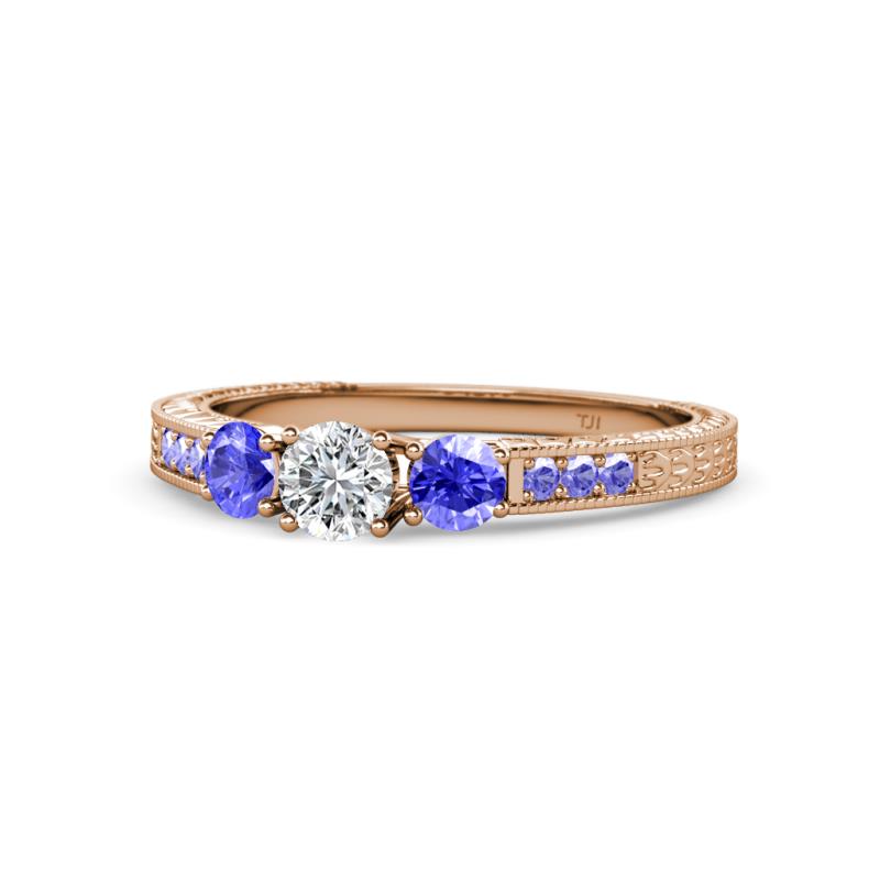 Ayaka Diamond and Tanzanite Three Stone with Side Tanzanite Ring 