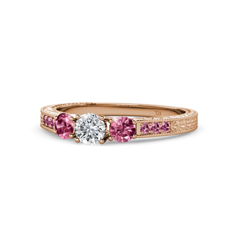 Ayaka Diamond and Pink Tourmaline Three Stone with Side Pink Tourmaline Ring 