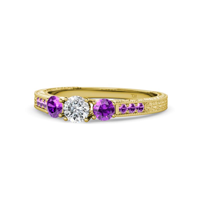 Ayaka Diamond and Amethyst Three Stone with Side Amethyst Ring 
