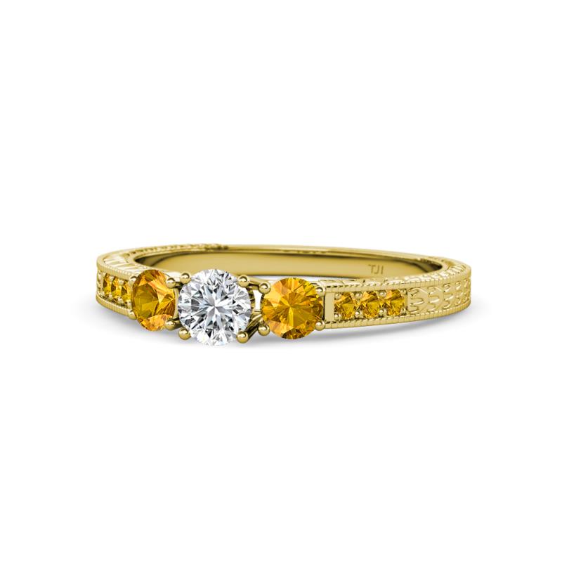 Ayaka Diamond and Citrine Three Stone with Side Citrine Ring 