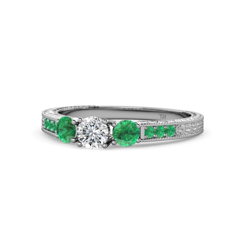 Ayaka Diamond and Emerald Three Stone with Side Emerald Ring 