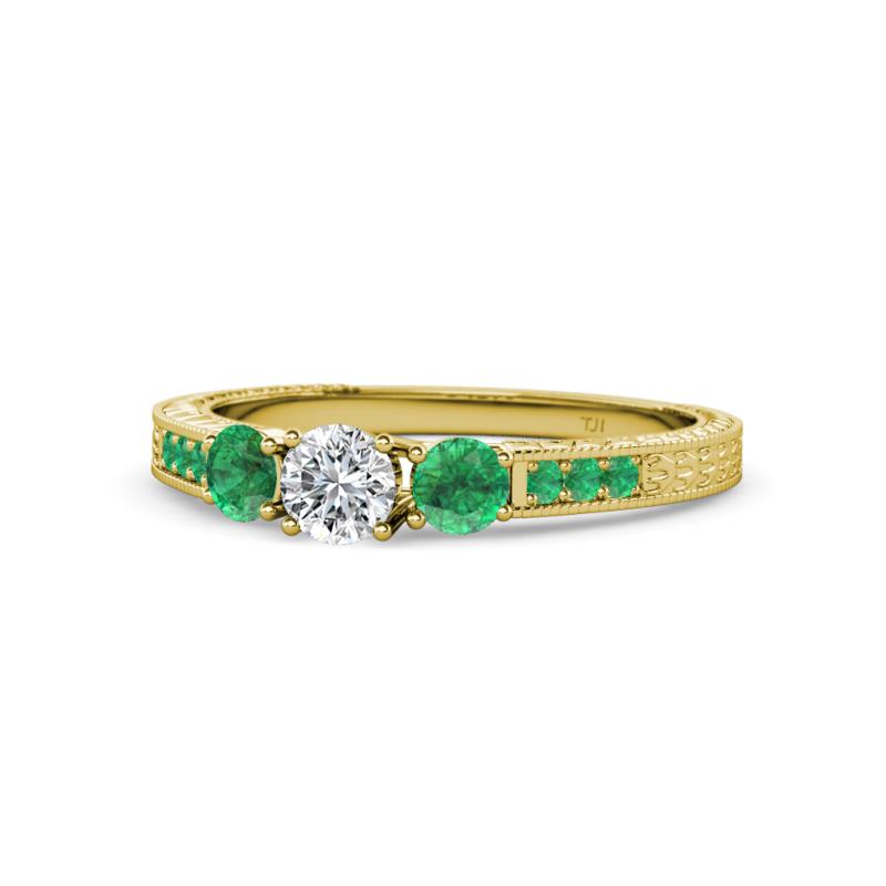 Ayaka Diamond and Emerald Three Stone with Side Emerald Ring 