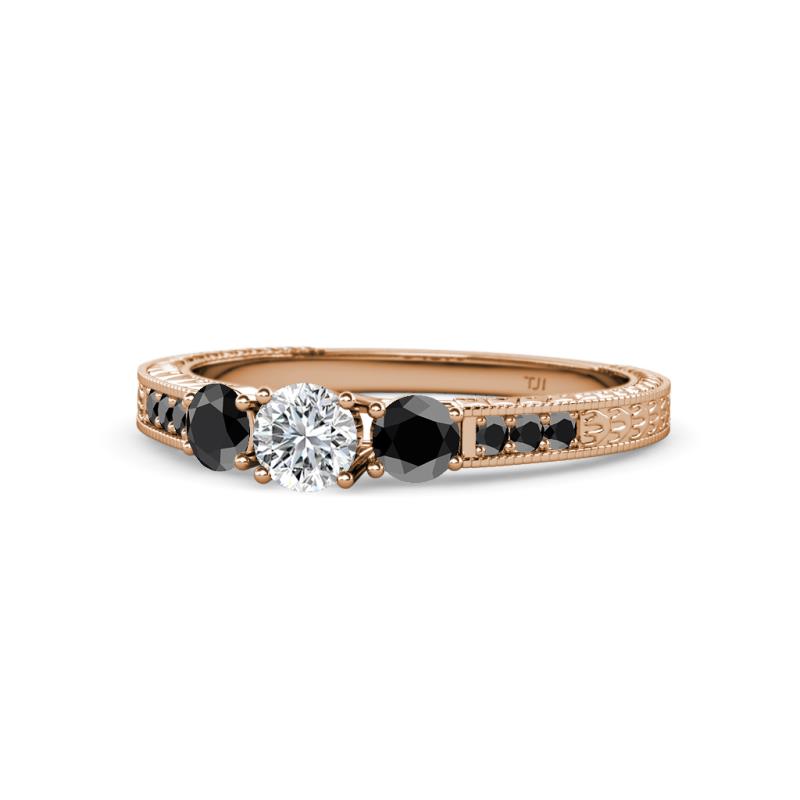 Ayaka Black and White Diamond Three Stone with Side Black Diamond Ring 