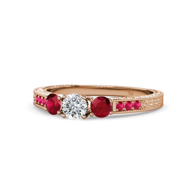 Ayaka Diamond and Ruby Three Stone with Side Ruby Ring 