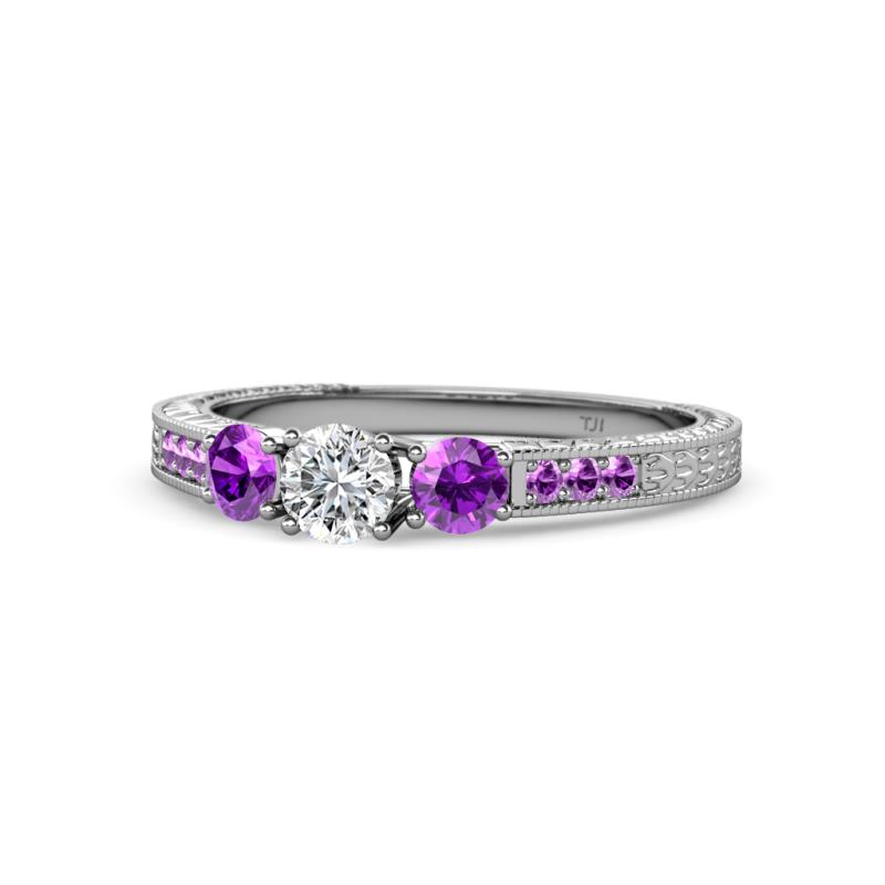 Ayaka Diamond and Amethyst Three Stone with Side Amethyst Ring 