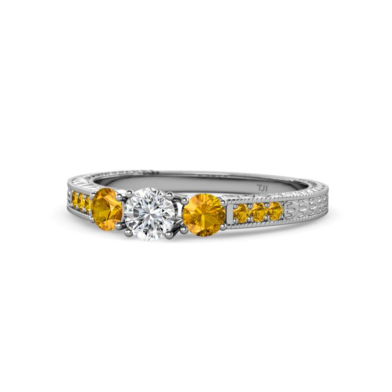 Ayaka Diamond and Citrine Three Stone with Side Citrine Ring 