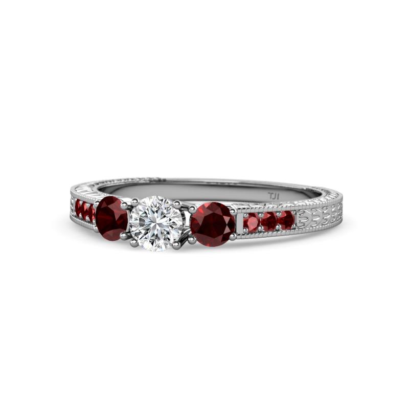 Ayaka Diamond and Red Garnet Three Stone with Side Red Garnet Ring 