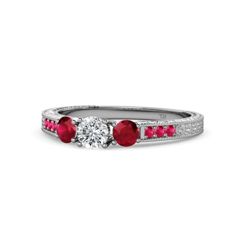 Ayaka Diamond and Ruby Three Stone with Side Ruby Ring 