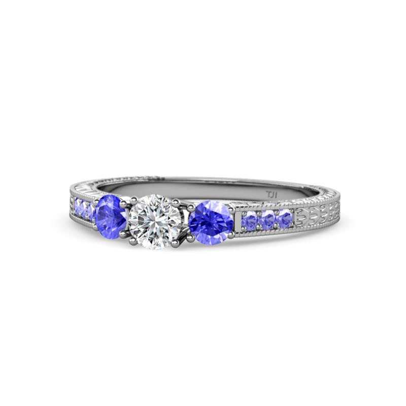 Ayaka Diamond and Tanzanite Three Stone with Side Tanzanite Ring 