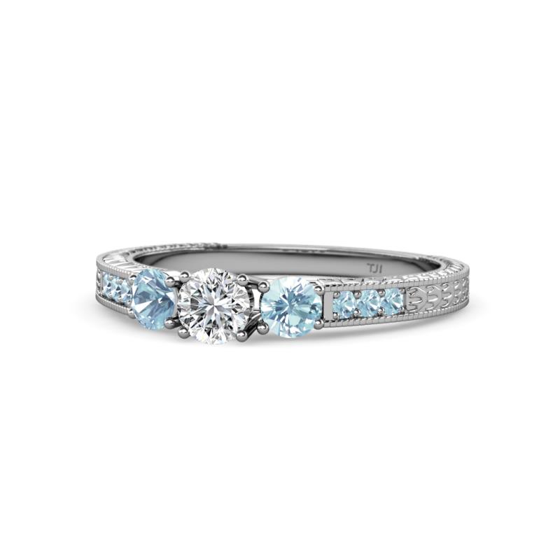 Ayaka Diamond and Aquamarine Three Stone with Side Aquamarine Ring 