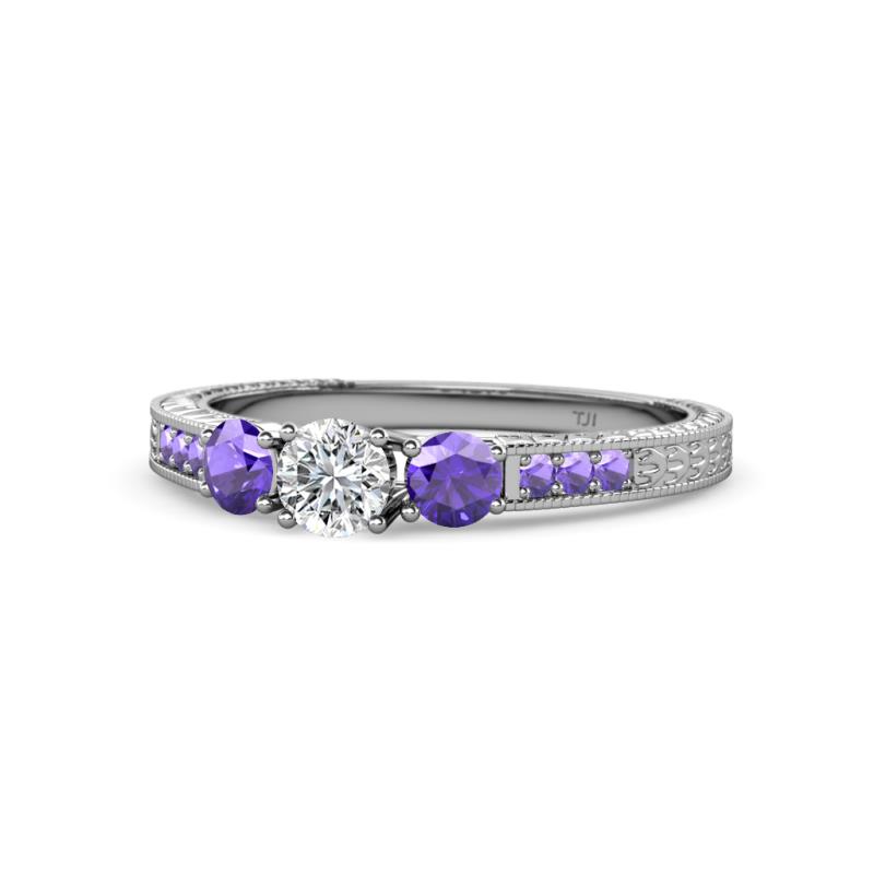 Ayaka Diamond and Iolite Three Stone with Side Iolite Ring 