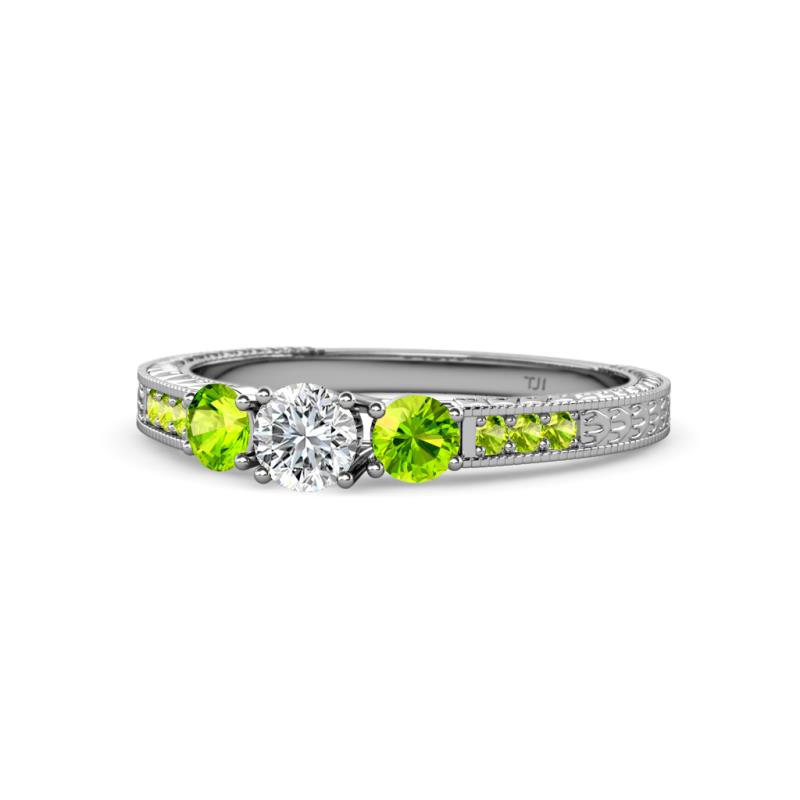 Ayaka Diamond and Peridot Three Stone with Side Peridot Ring 