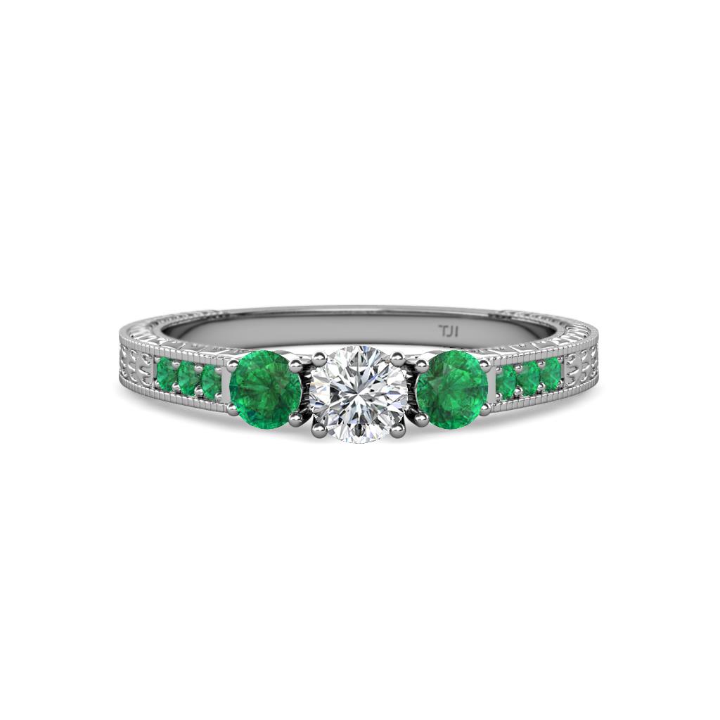 Ayaka Diamond and Emerald Three Stone with Side Emerald Ring 
