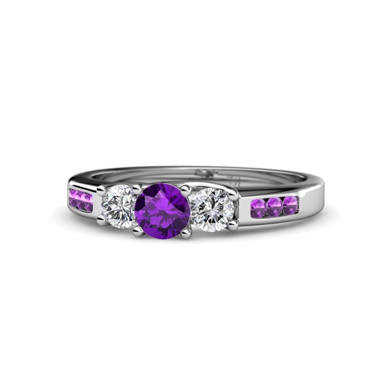 Jamille Amethyst and Diamond Three Stone with Side Amethyst Ring 