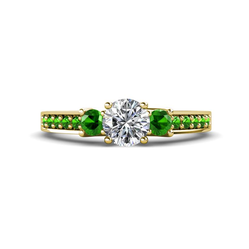 Valene Diamond and Green Garnet Three Stone with Side Green Garnet Ring 