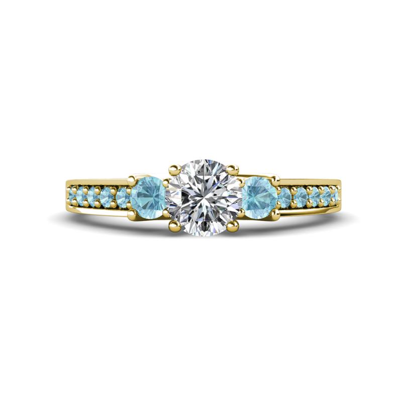 Valene Diamond and Aquamarine Three Stone with Side Aquamarine Ring 