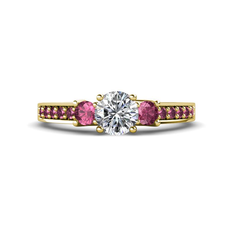 Valene Diamond and Pink Tourmaline Three Stone with Side Pink Tourmaline Ring 