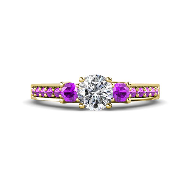Valene Diamond and Amethyst Three Stone with Side Amethyst Ring 