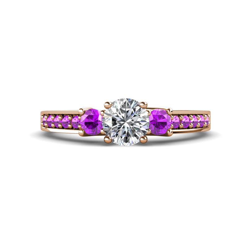 Valene Diamond and Amethyst Three Stone with Side Amethyst Ring 