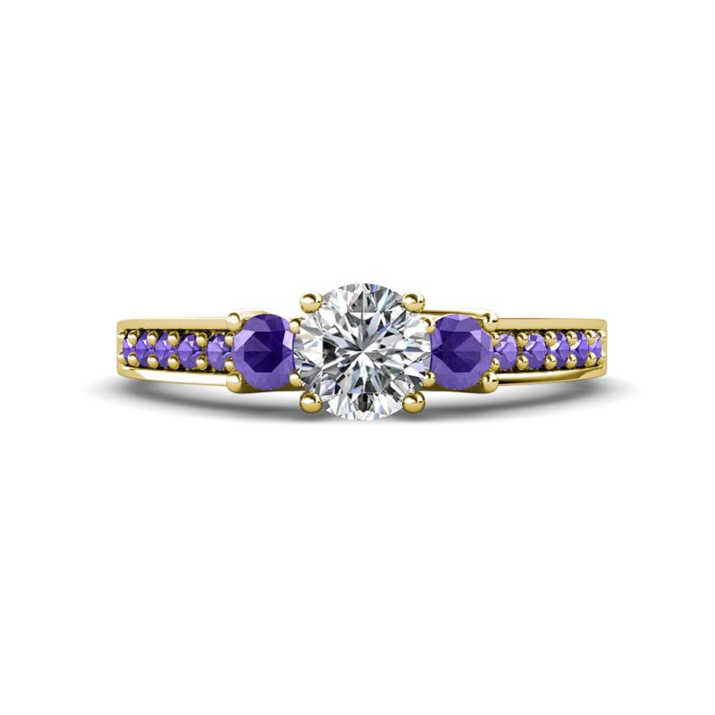 Valene Diamond and Iolite Three Stone with Side Iolite Ring 