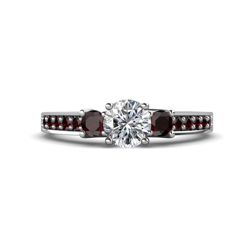 Valene Diamond and Red Garnet Three Stone with Side Red Garnet Ring 