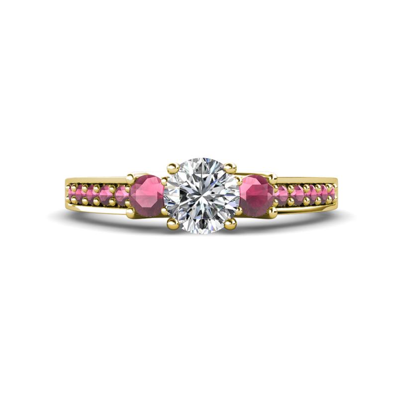 Valene Diamond and Rhodolite Garnet Three Stone with Side Rhodolite Garnet Ring 
