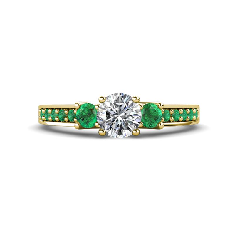 Valene Diamond and Emerald Three Stone with Side Emerald Ring 