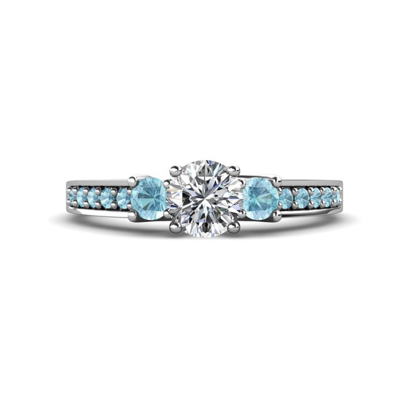 Valene Diamond and Aquamarine Three Stone with Side Aquamarine Ring 